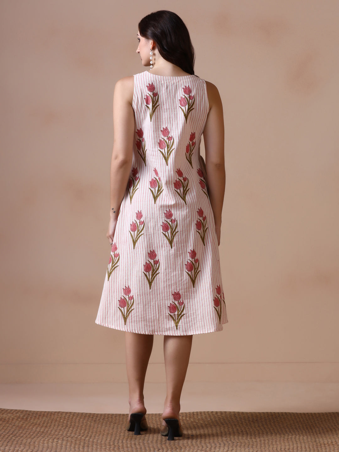 Pink Tulip Handblock Print Sleeveless Cotton Dress