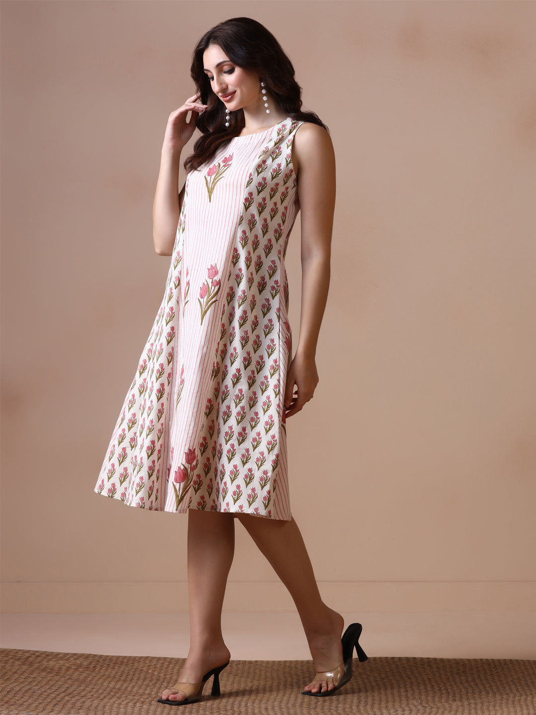 Pink Tulip Handblock Print Sleeveless Cotton Dress