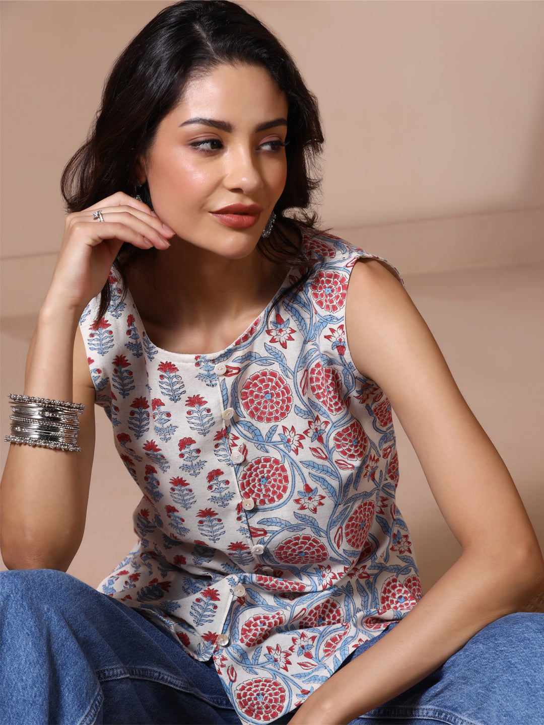 Petal Grace Handblock Print Sleeveless Top