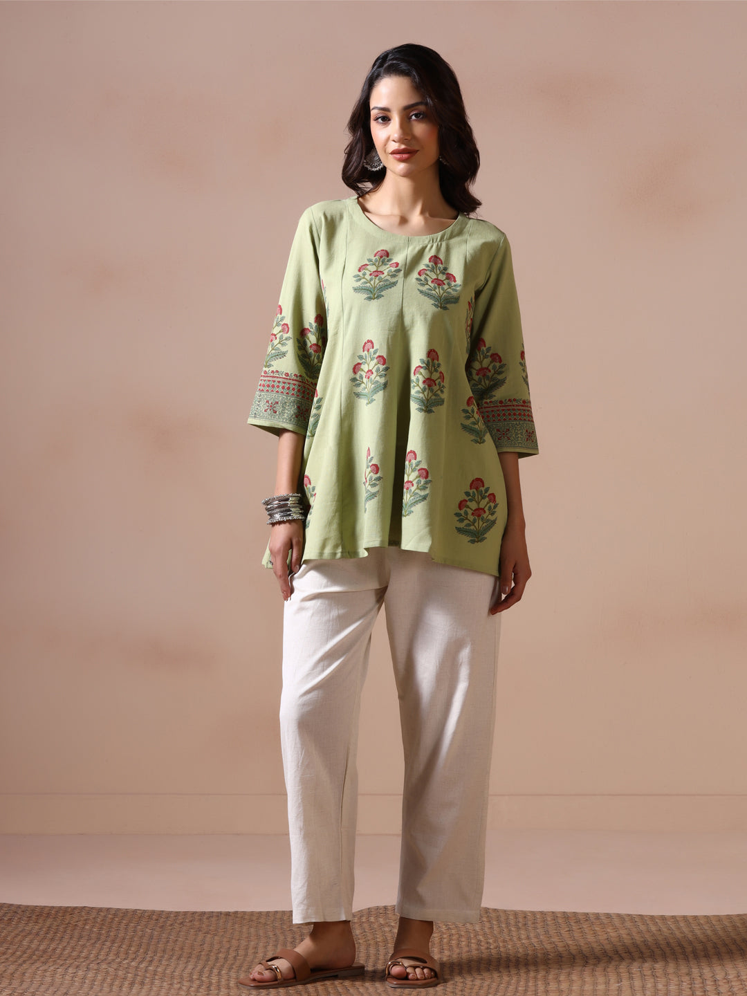 Pistachio Green Handblock Printed Flared Tunic Top with Floral Motifs
