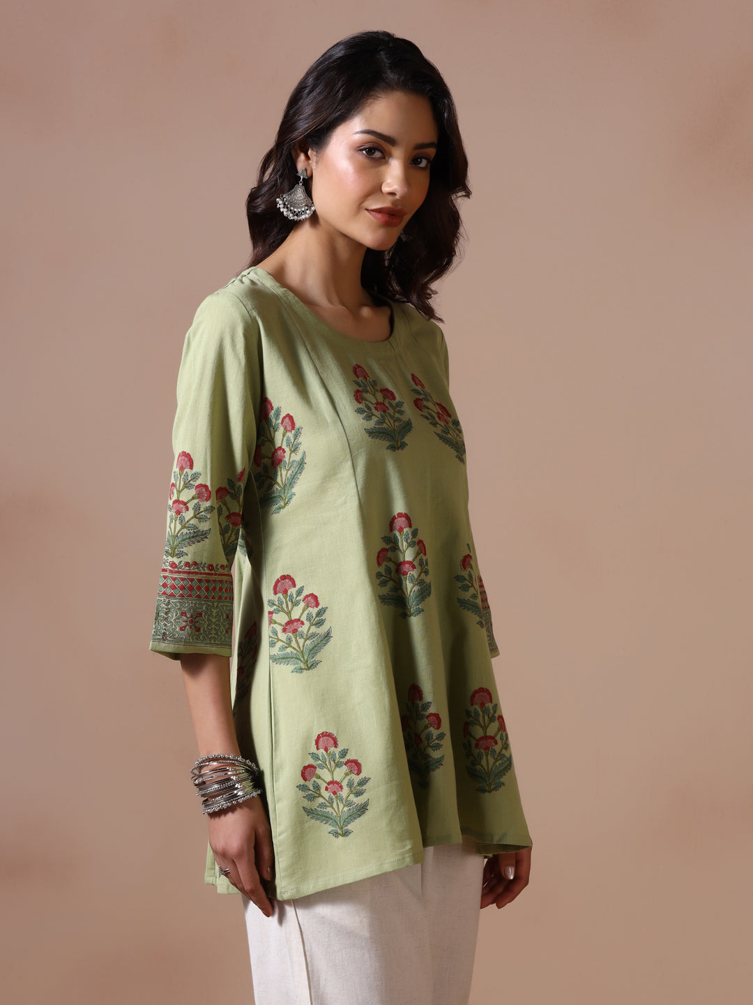 Pistachio Green Handblock Printed Flared Tunic Top with Floral Motifs