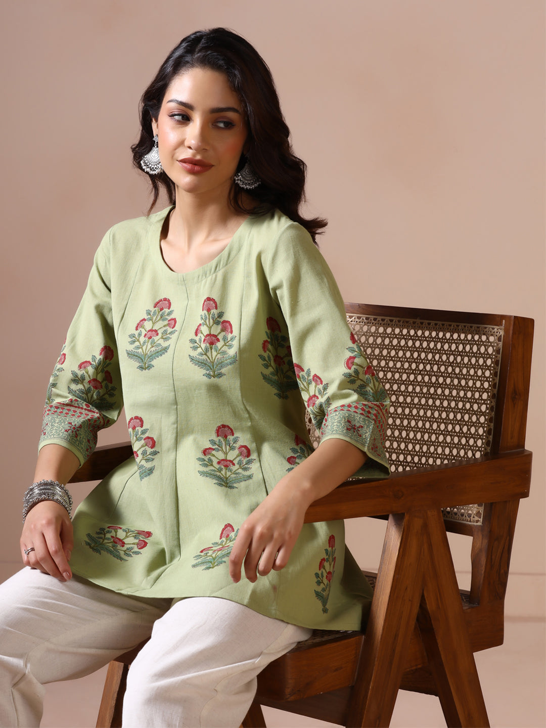 Pistachio Green Handblock Printed Flared Tunic Top with Floral Motifs