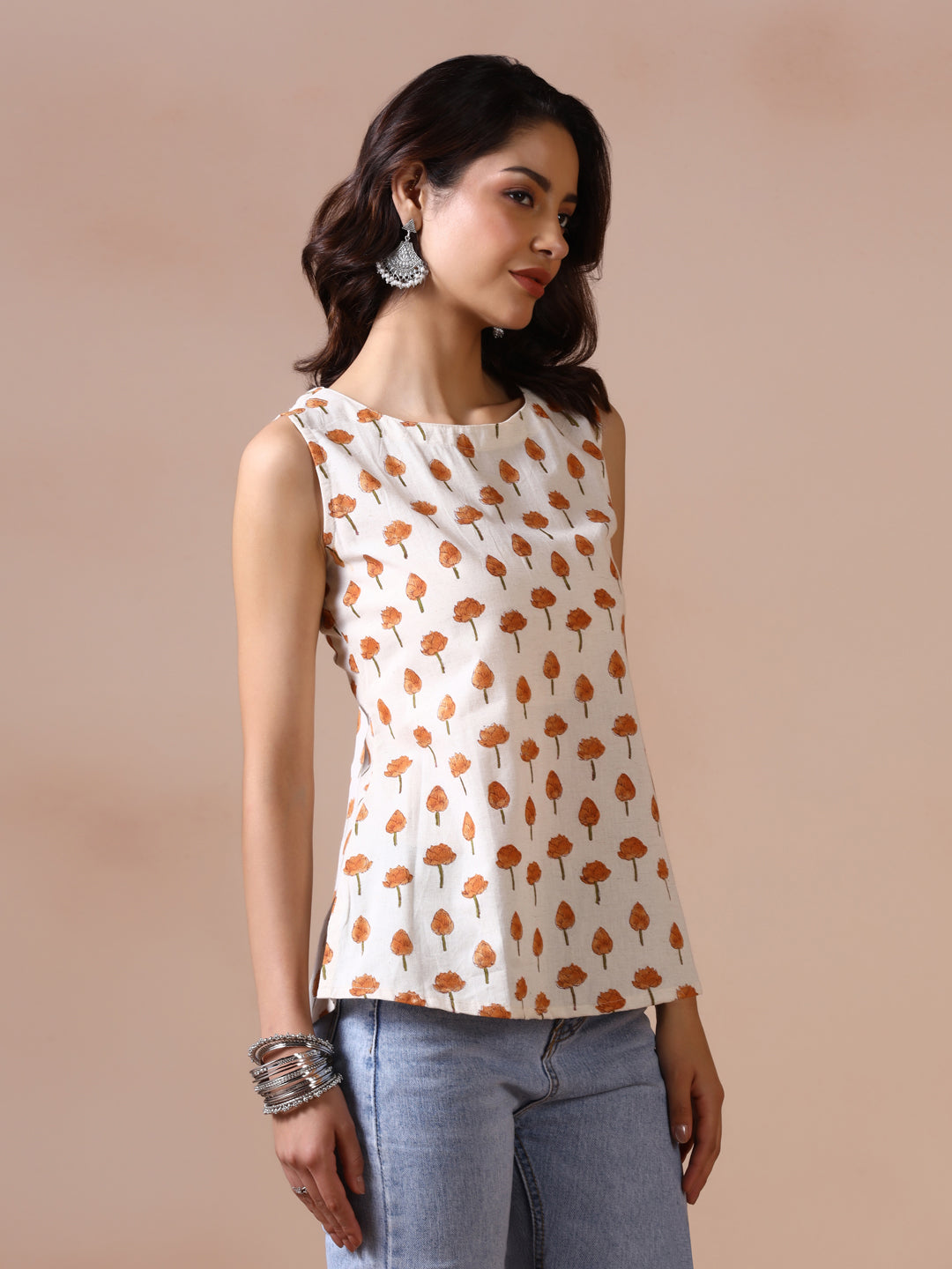 Amber Lotus Handblock Print Sleeveless Cotton Top