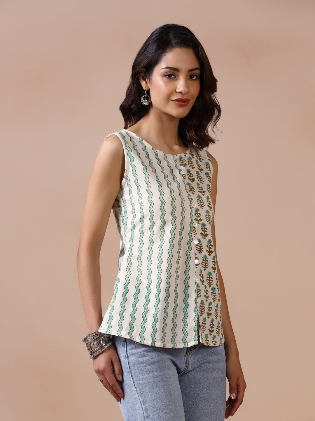 Aqua Bloom Cotton Handblock Printed Sleeveless Top