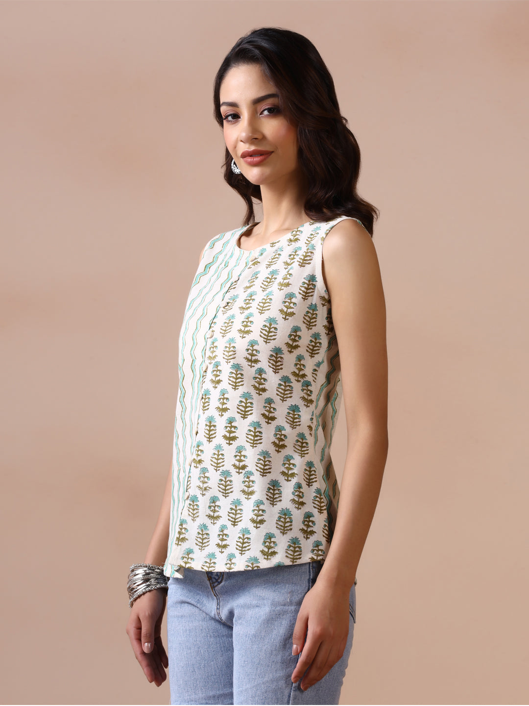 Aqua Bloom Cotton Handblock Printed Sleeveless Top