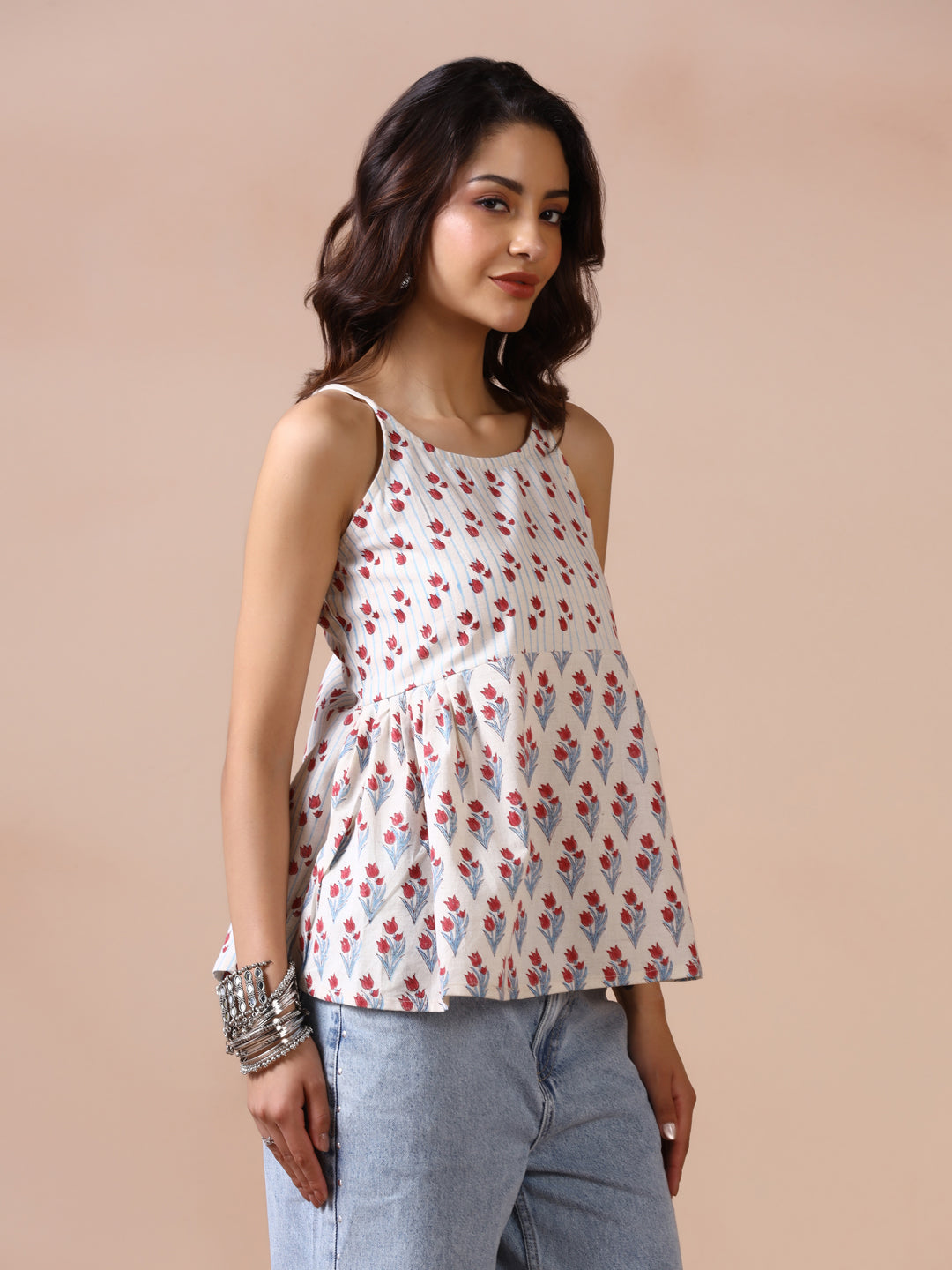 Tulip Garden Cotton Hand Block Printed Sleeveless top with shoulder straps