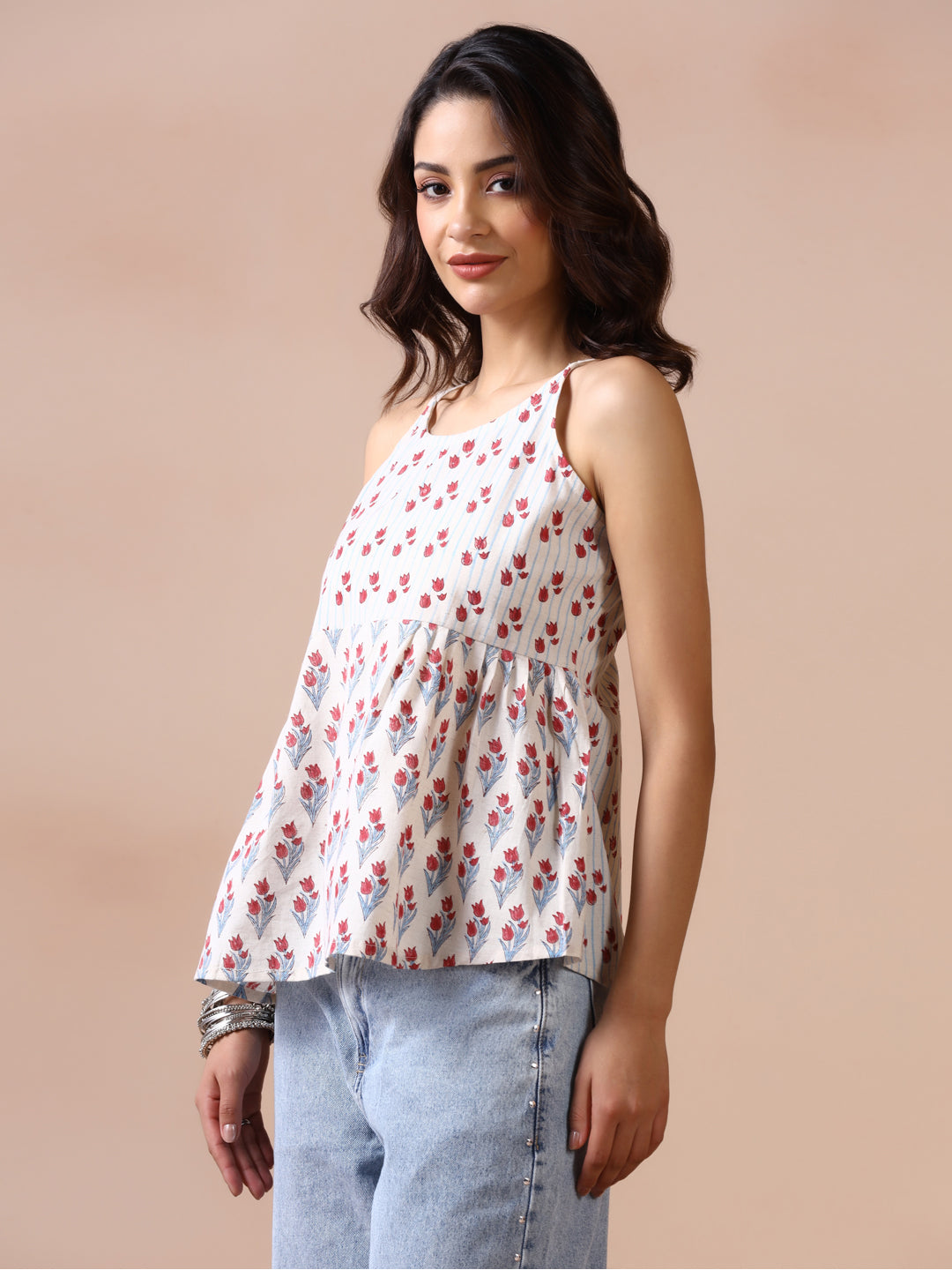 Tulip Garden Cotton Hand Block Printed Sleeveless top with shoulder straps
