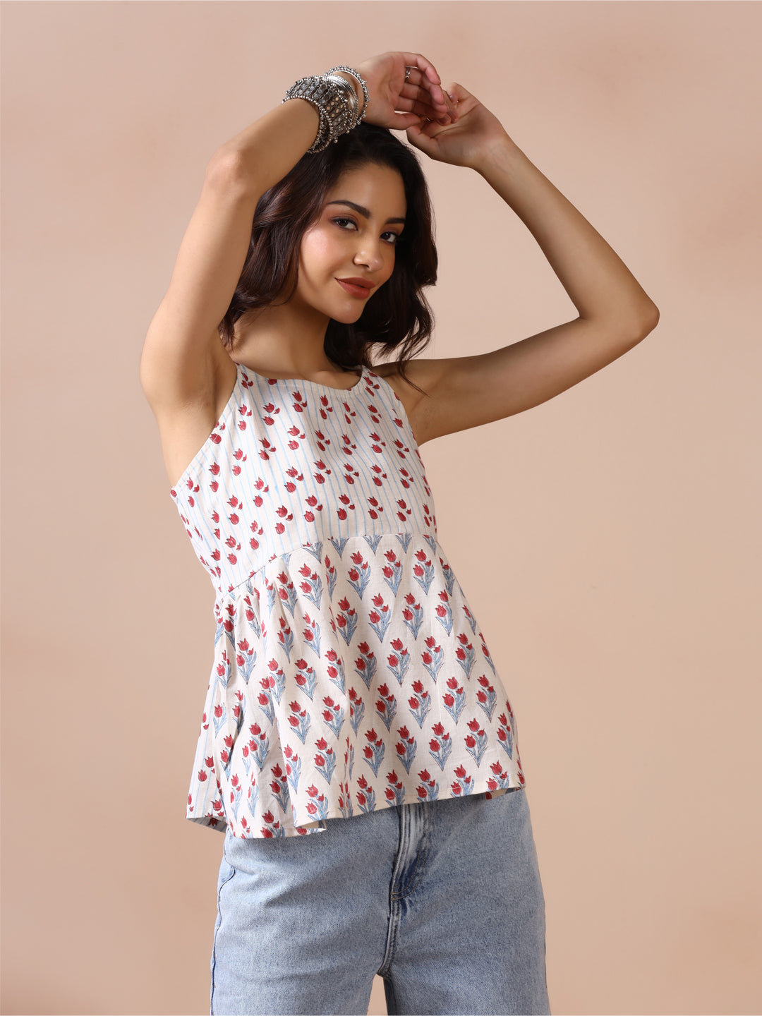 Tulip Garden Cotton Hand Block Printed Sleeveless top with shoulder straps