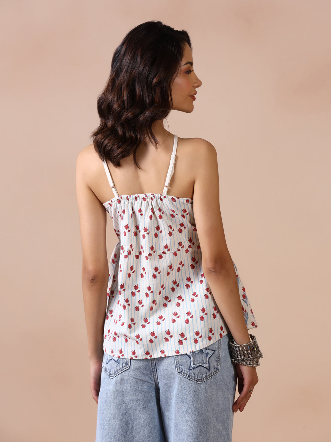 Tulip Garden Cotton Hand Block Printed Sleeveless top with shoulder straps