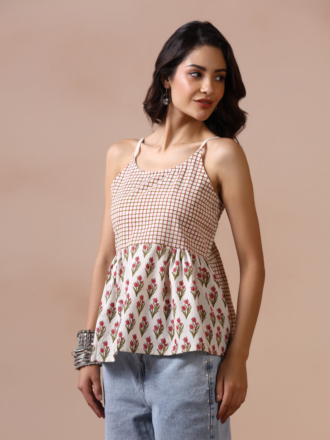 Checkered and Floral Block Print Cotton Spaghetti Strap Peplum Top