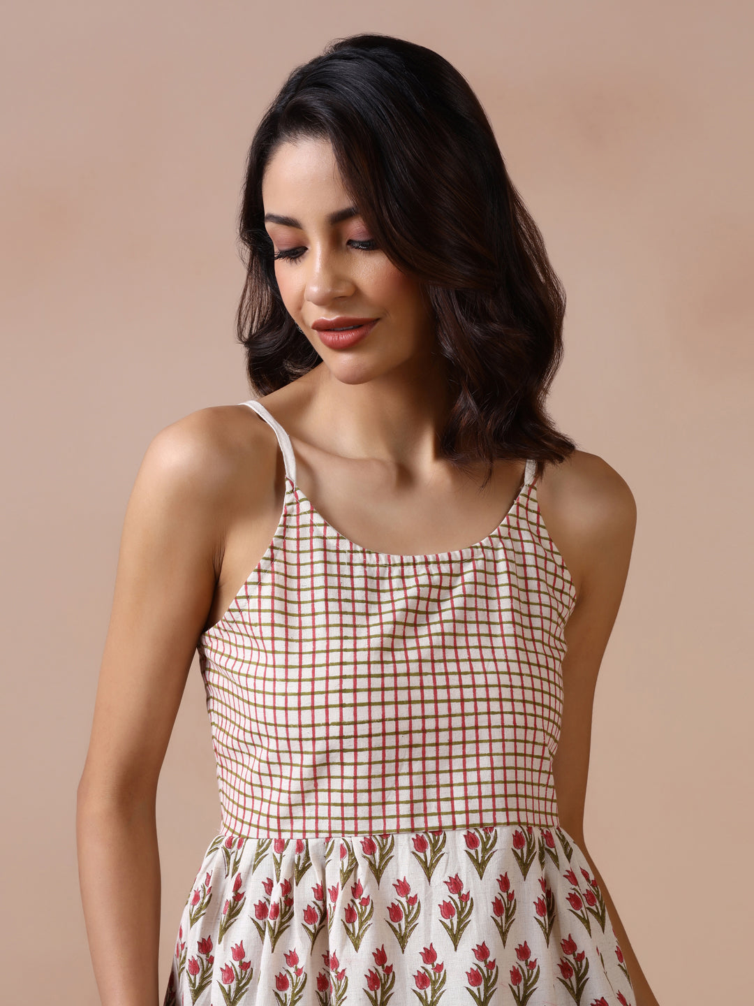 Checkered and Floral Block Print Cotton Spaghetti Strap Peplum Top