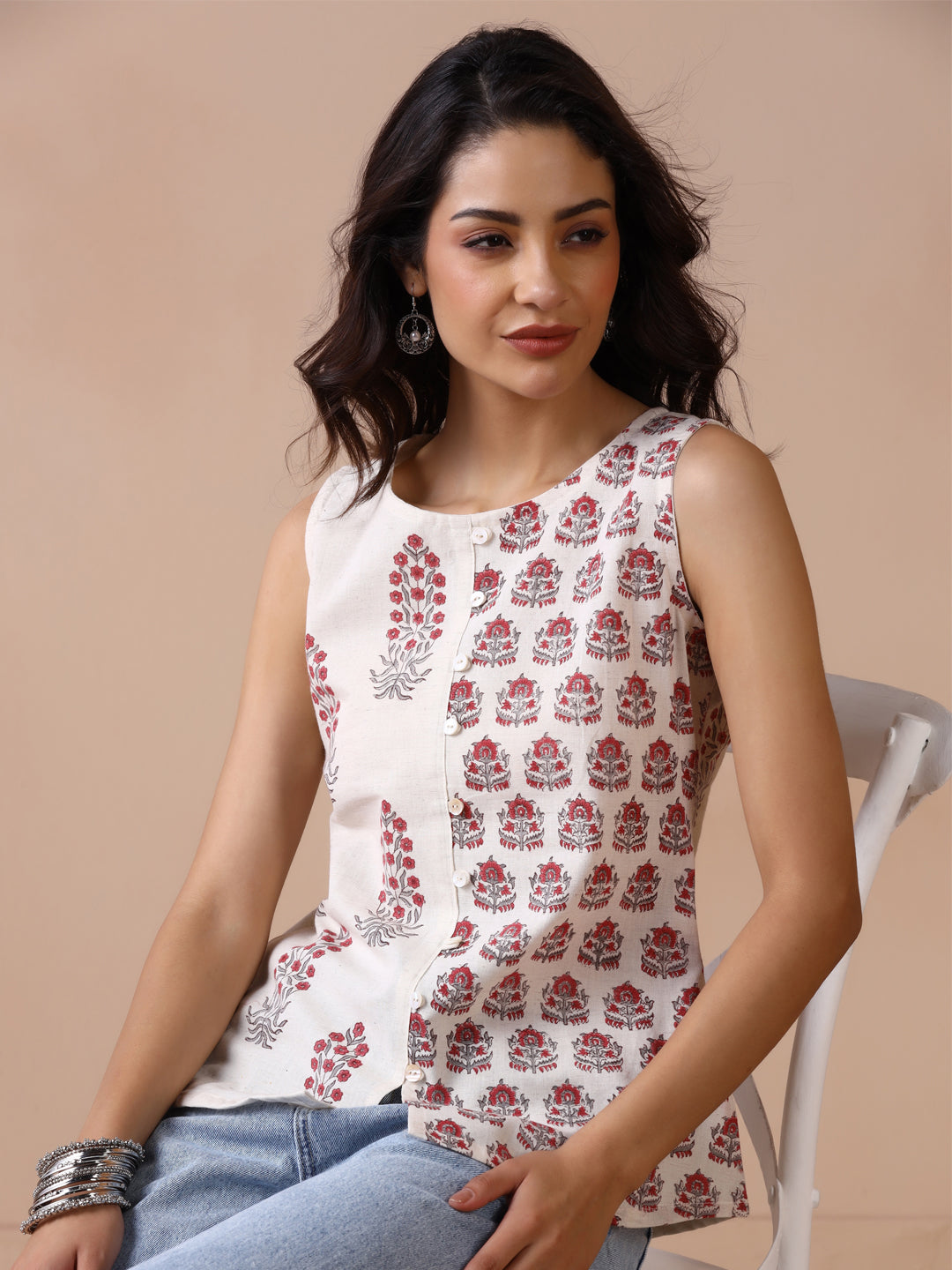 Asymmetric Checkered and Striped Cotton Sleeveless Top with Front Buttons (Copy)