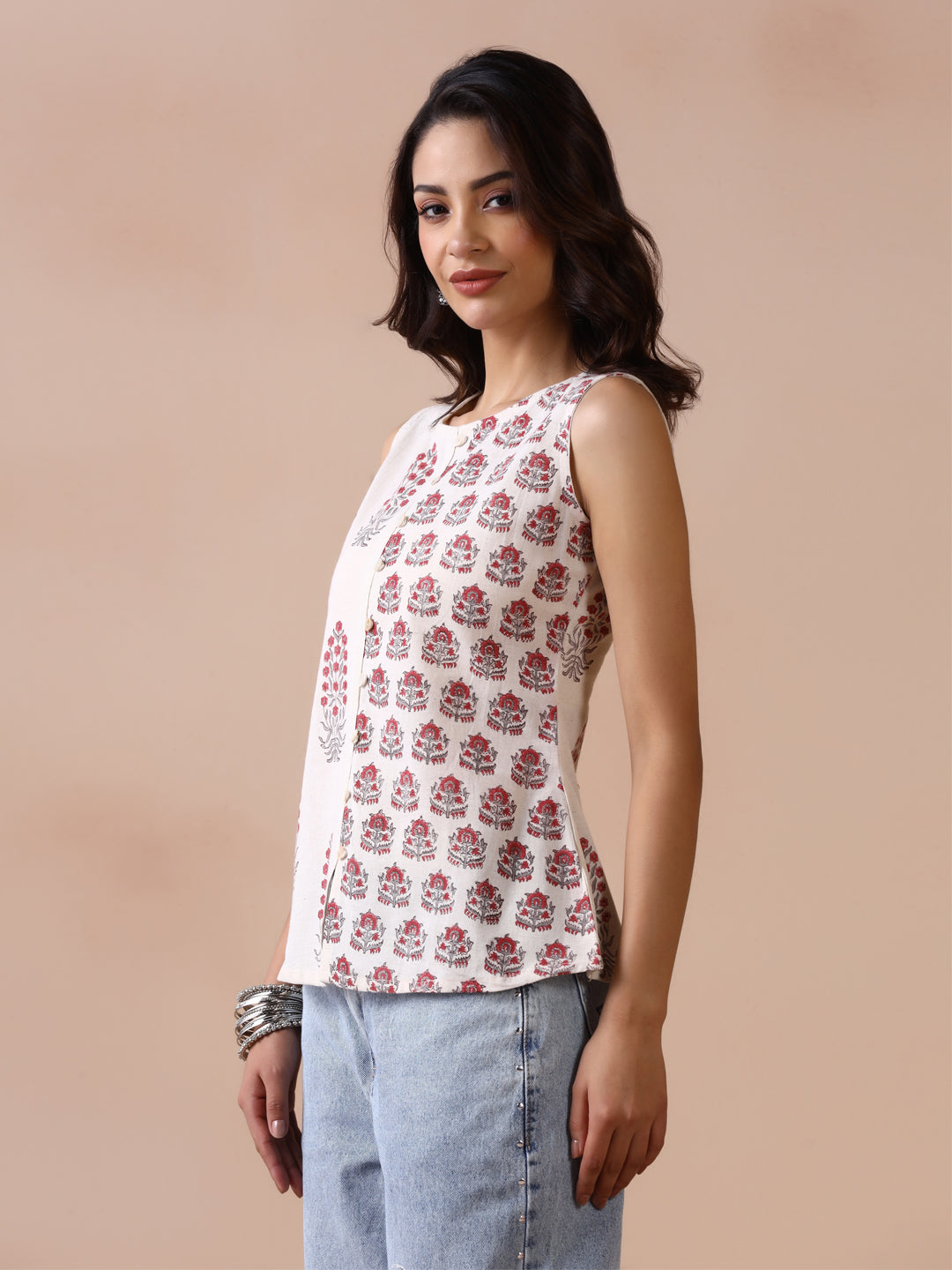 Asymmetric Checkered and Striped Cotton Sleeveless Top with Front Buttons (Copy)