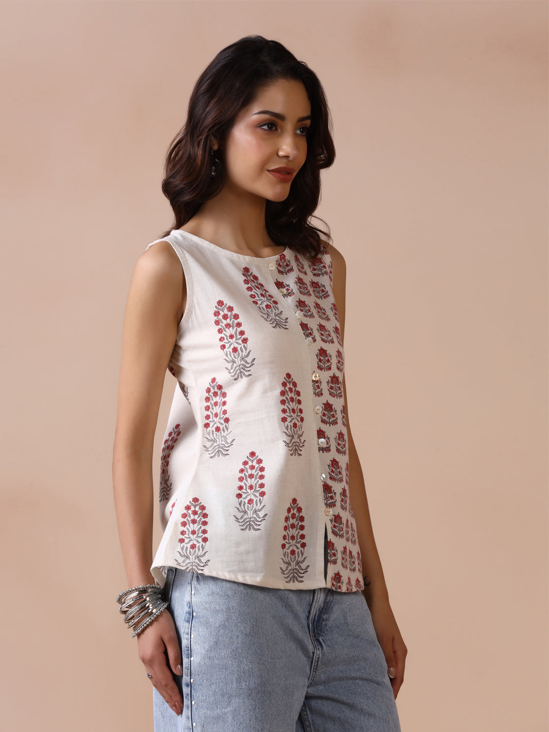 Asymmetric Checkered and Striped Cotton Sleeveless Top with Front Buttons (Copy)