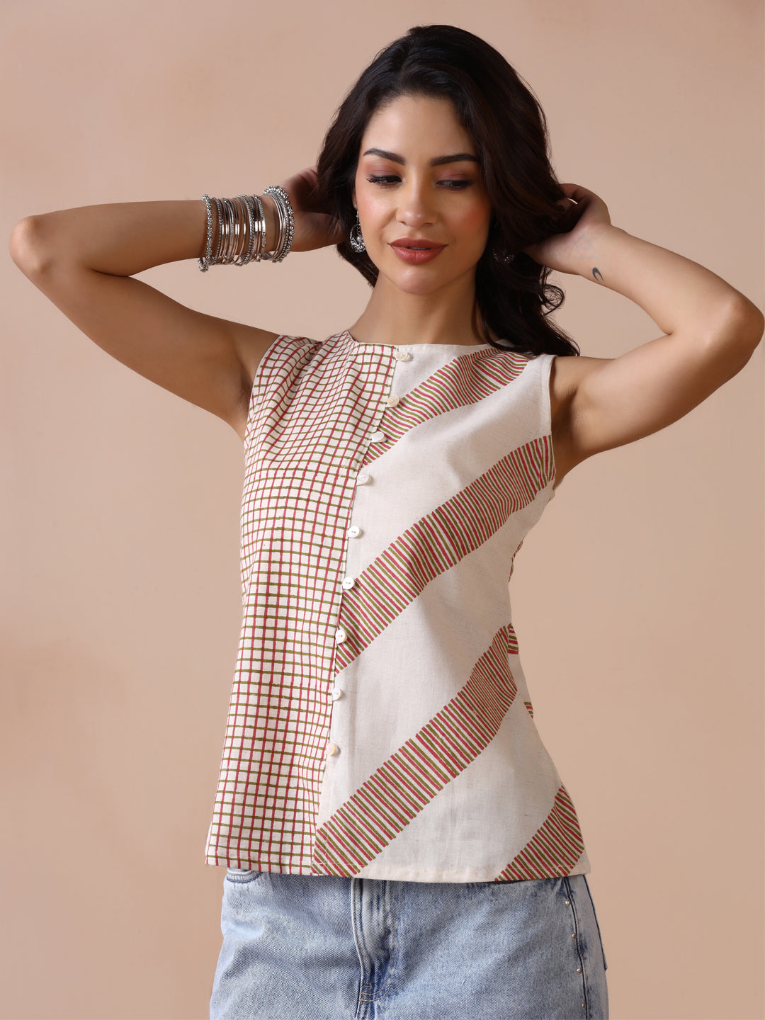 Asymmetric Checkered and Striped Cotton Sleeveless Top with Front Buttons