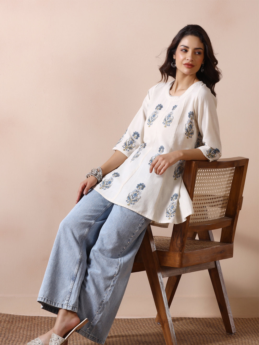 Off White Handblock Printed Flared Tunic Top with Blue Floral Motifs