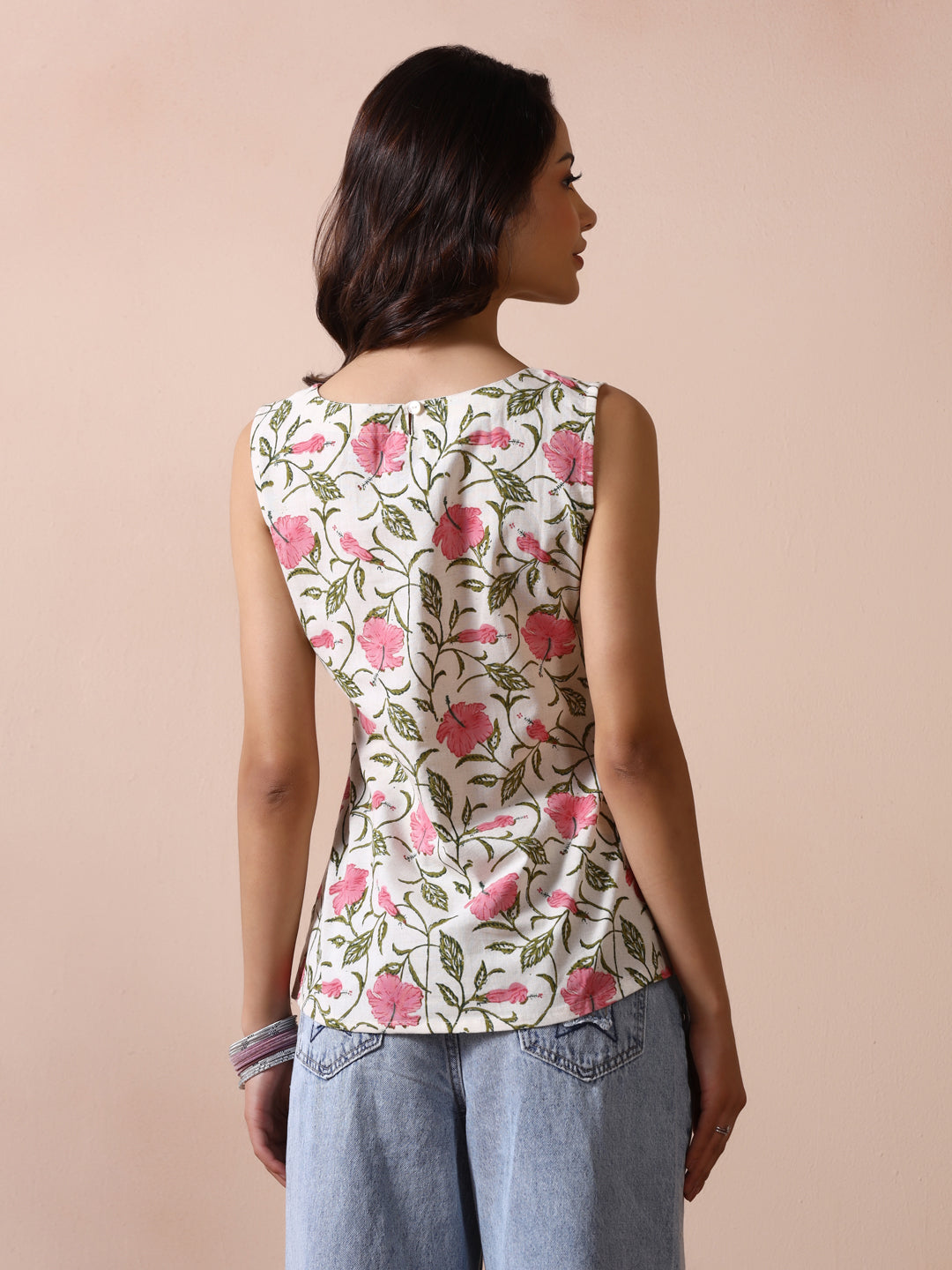 Off-White Cotton Sleeveless Top with Pink Hibiscus Floral Jaal Print