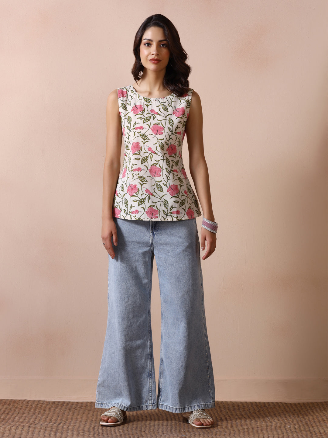 Off-White Cotton Sleeveless Top with Pink Hibiscus Floral Jaal Print