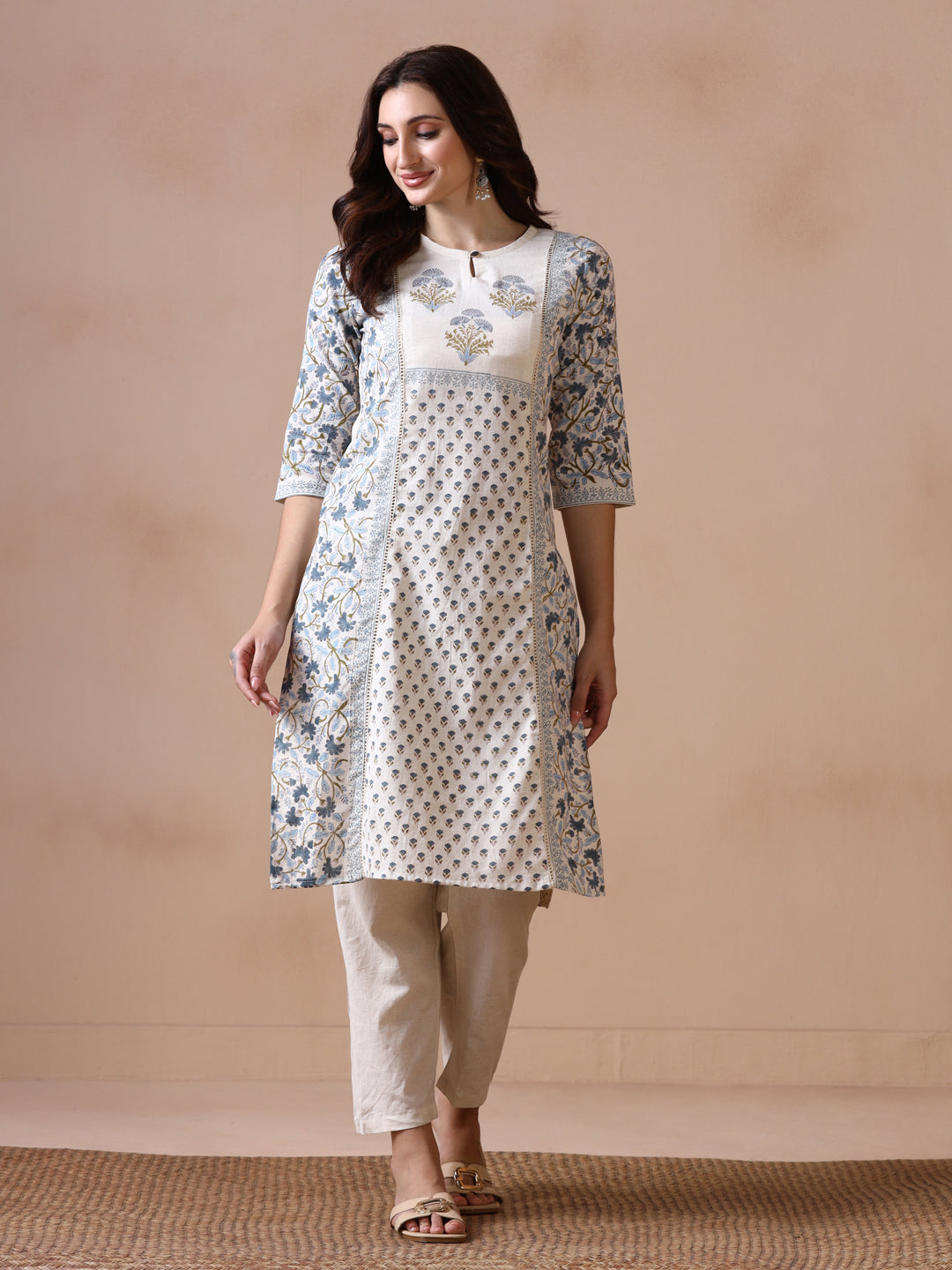 Off-White and Blue Floral Block Print Panelled Cotton Kurta with Keyhole Neck