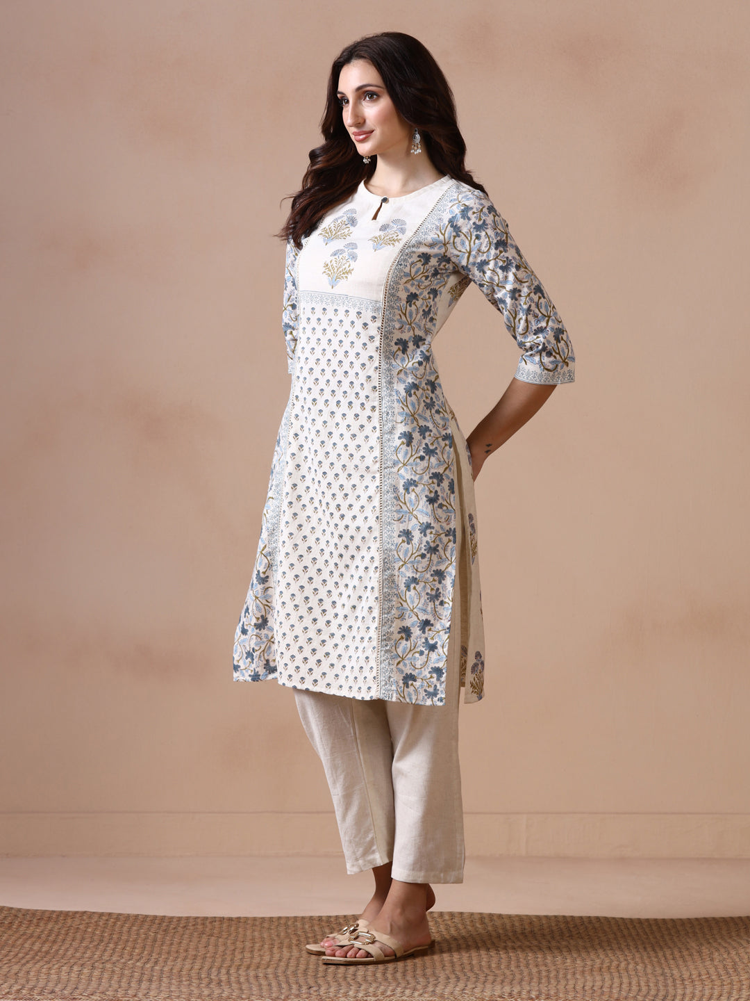 Off-White and Blue Floral Block Print Panelled Cotton Kurta with Keyhole Neck
