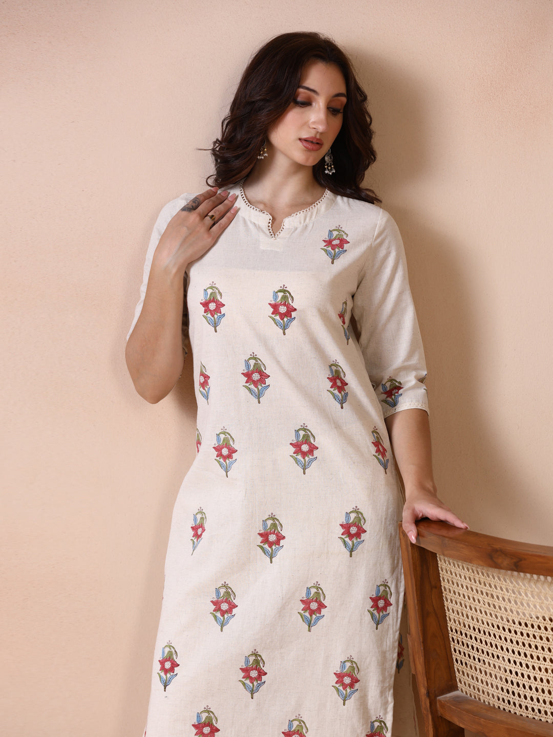 Off-White Cotton Straight Kurta with Floral Block Print.