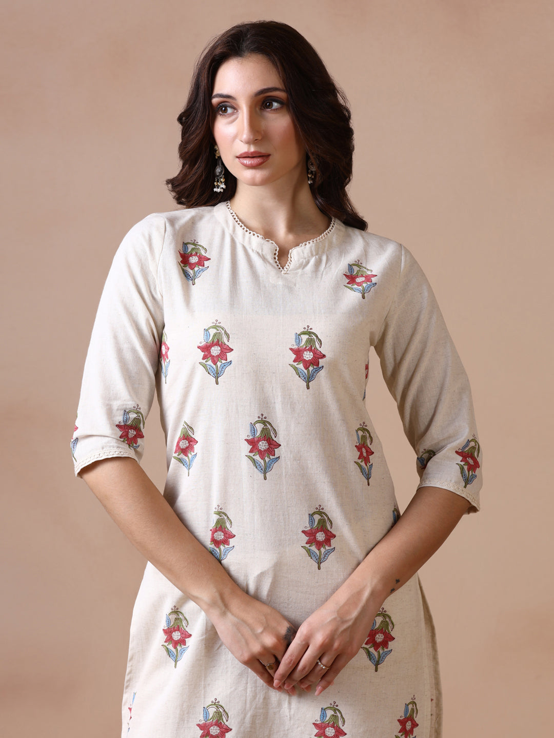Off-White Cotton Straight Kurta with Floral Block Print.
