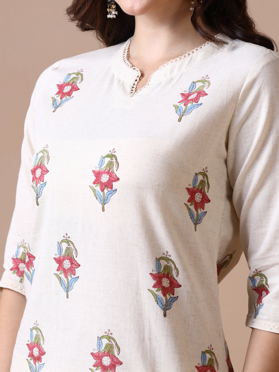Off-White Cotton Straight Kurta with Floral Block Print.