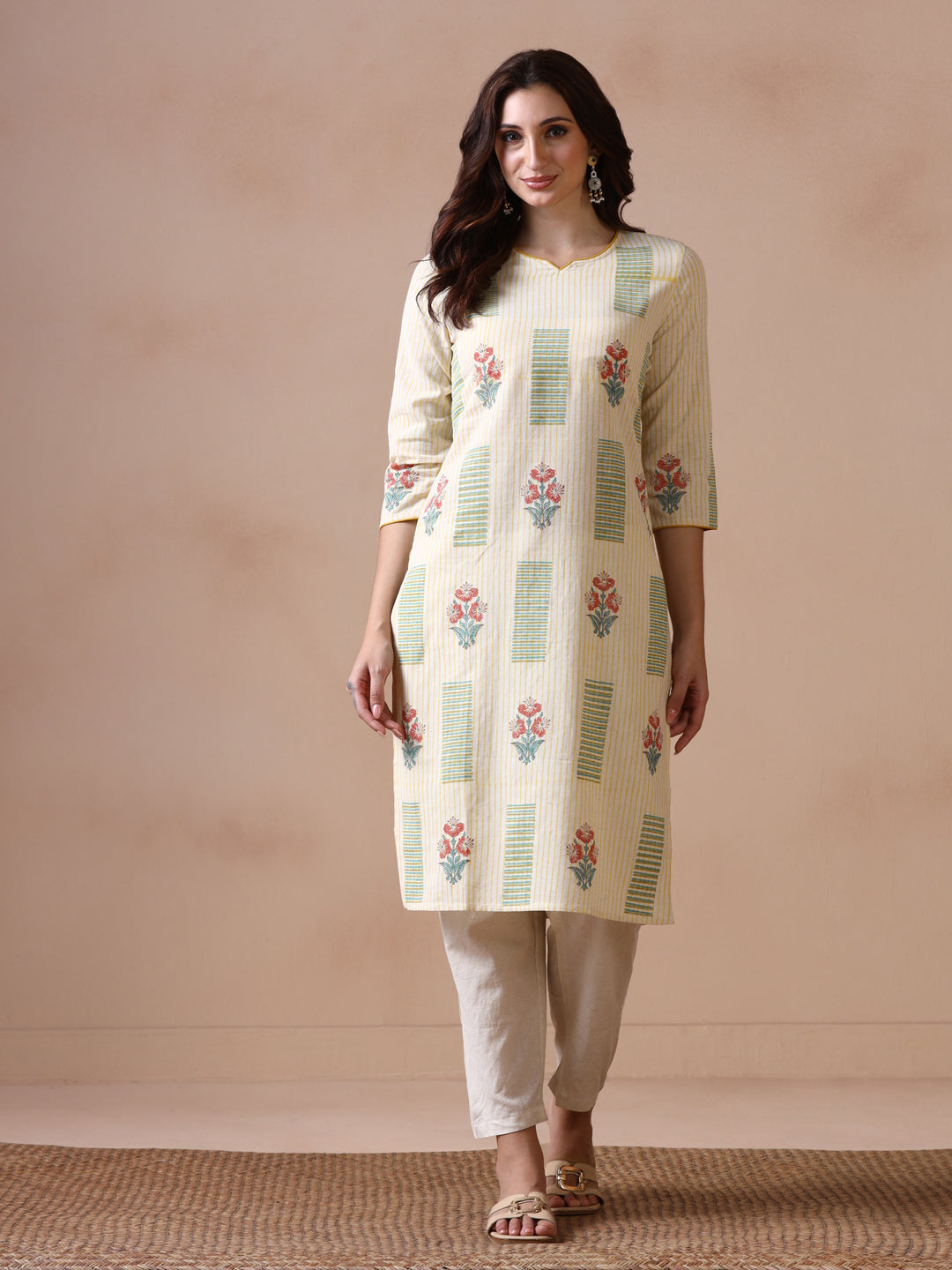 Light Yellow Striped Cotton Straight Kurta with Geometric and Floral Block Prints