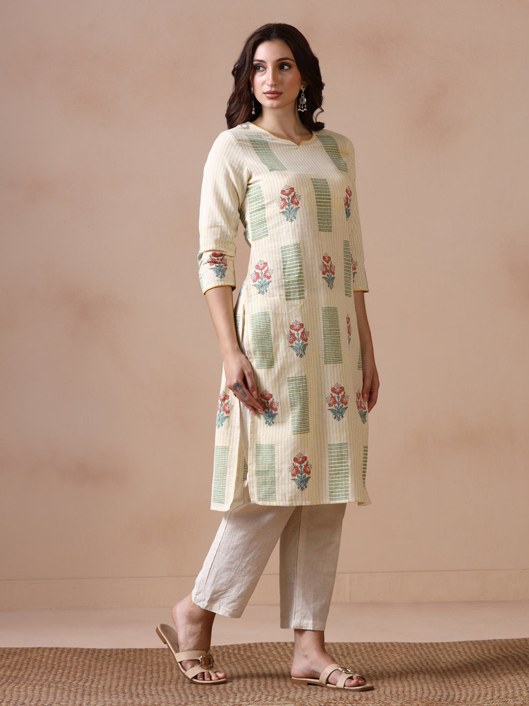 Light Yellow Striped Cotton Straight Kurta with Geometric and Floral Block Prints