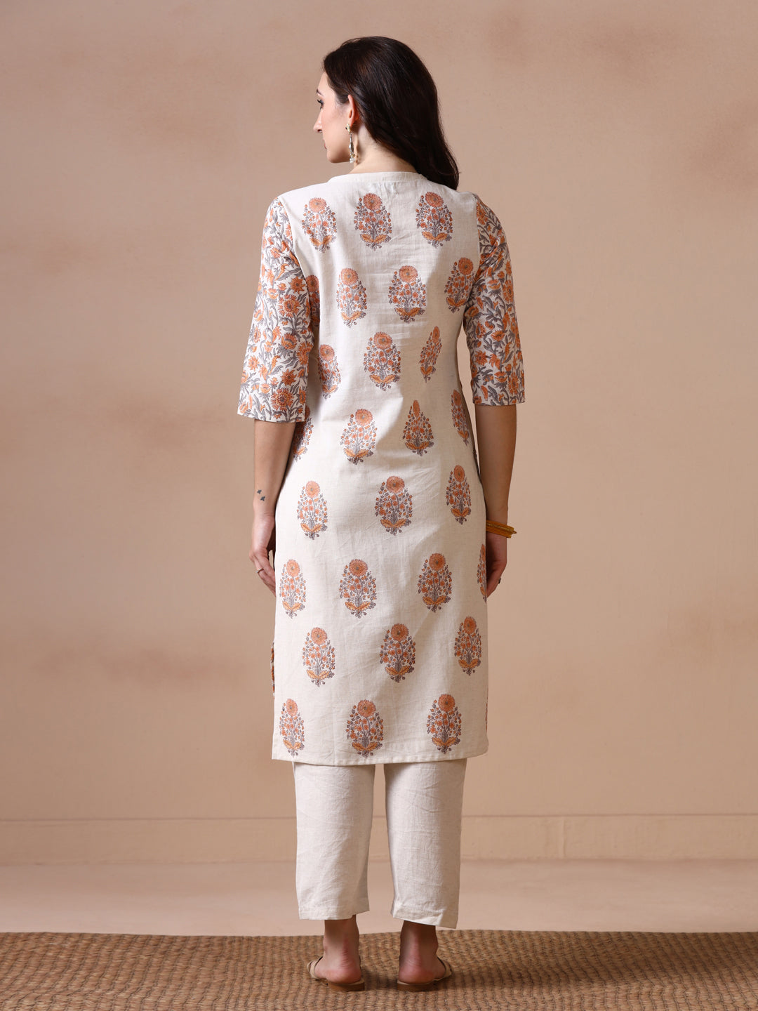 Off-White Floral Panelled Cotton Handblock Print Kurta with Keyhole Neck
