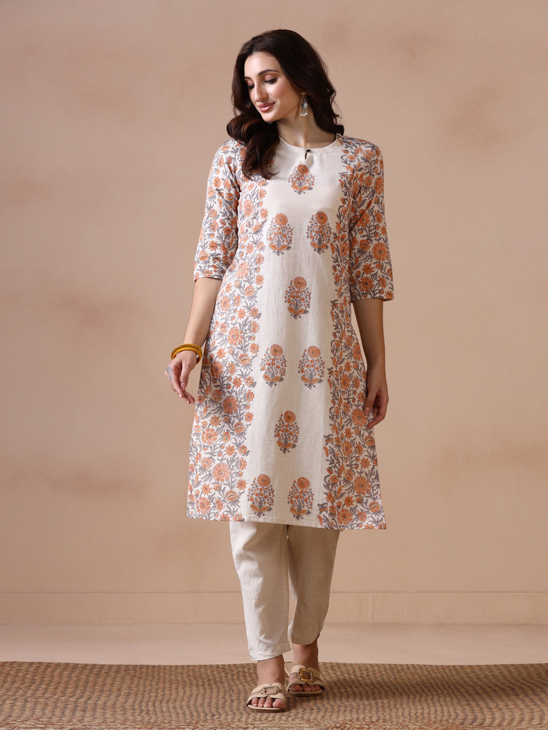 Off-White Floral Panelled Cotton Handblock Print Kurta with Keyhole Neck