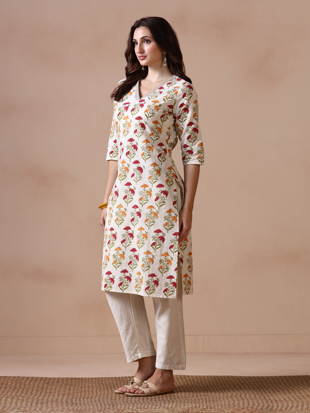 Off-White Cotton Straight Kurta with Red and Yellow Floral Block Prints