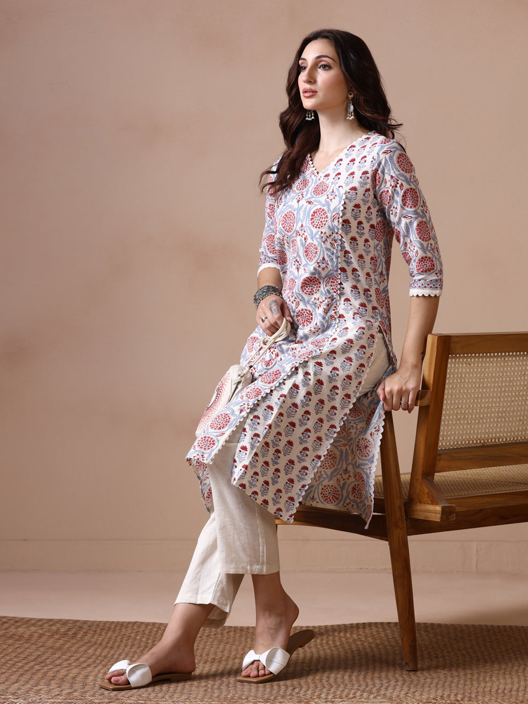 Off-White and Blue Cotton Straight Kurta with Red Floral Jaal Print.