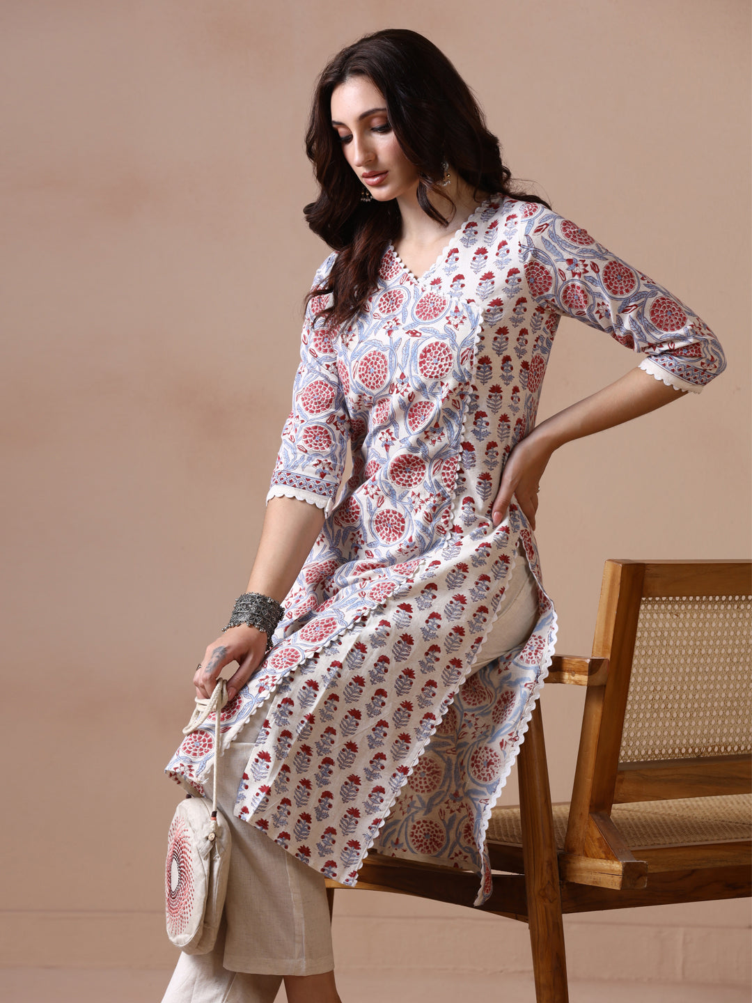 Off-White and Blue Cotton Straight Kurta with Red Floral Jaal Print.