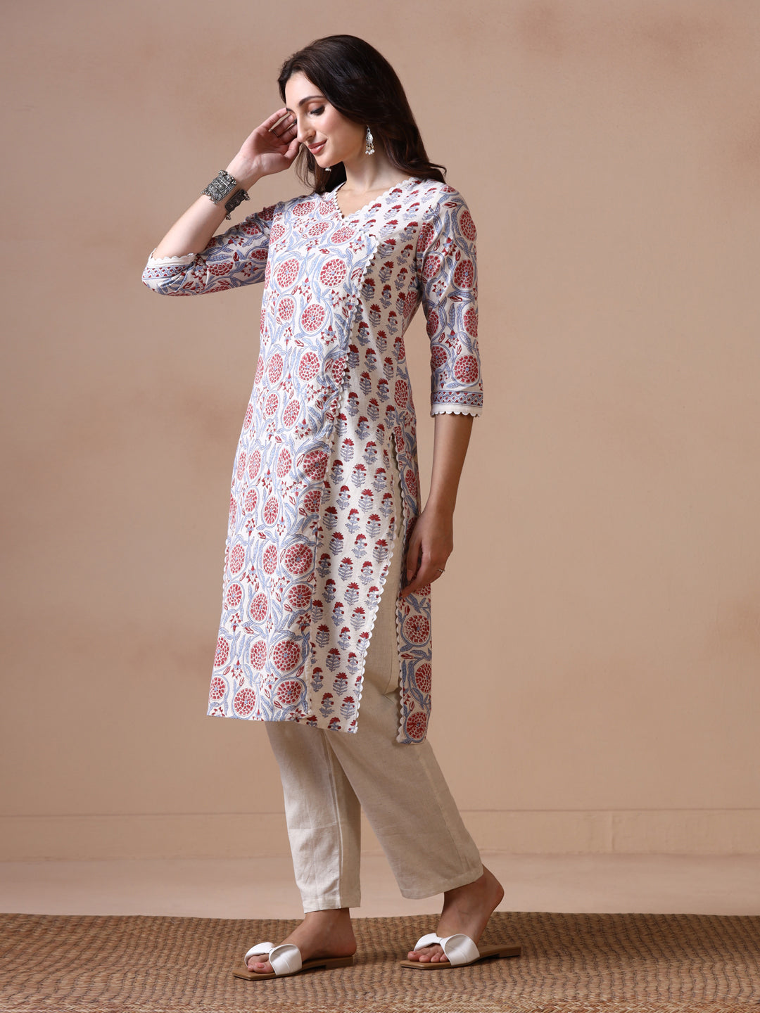 Off-White and Blue Cotton Straight Kurta with Red Floral Jaal Print.