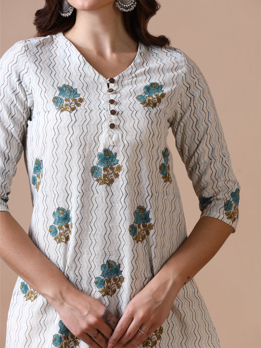 Off-White Cotton Handblock Printed Straight Kurta with Rose and Zig-Zag Prints