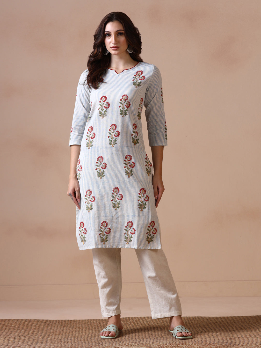 Light Grey Striped with Red Floral Butta Cotton Straight Kurta
