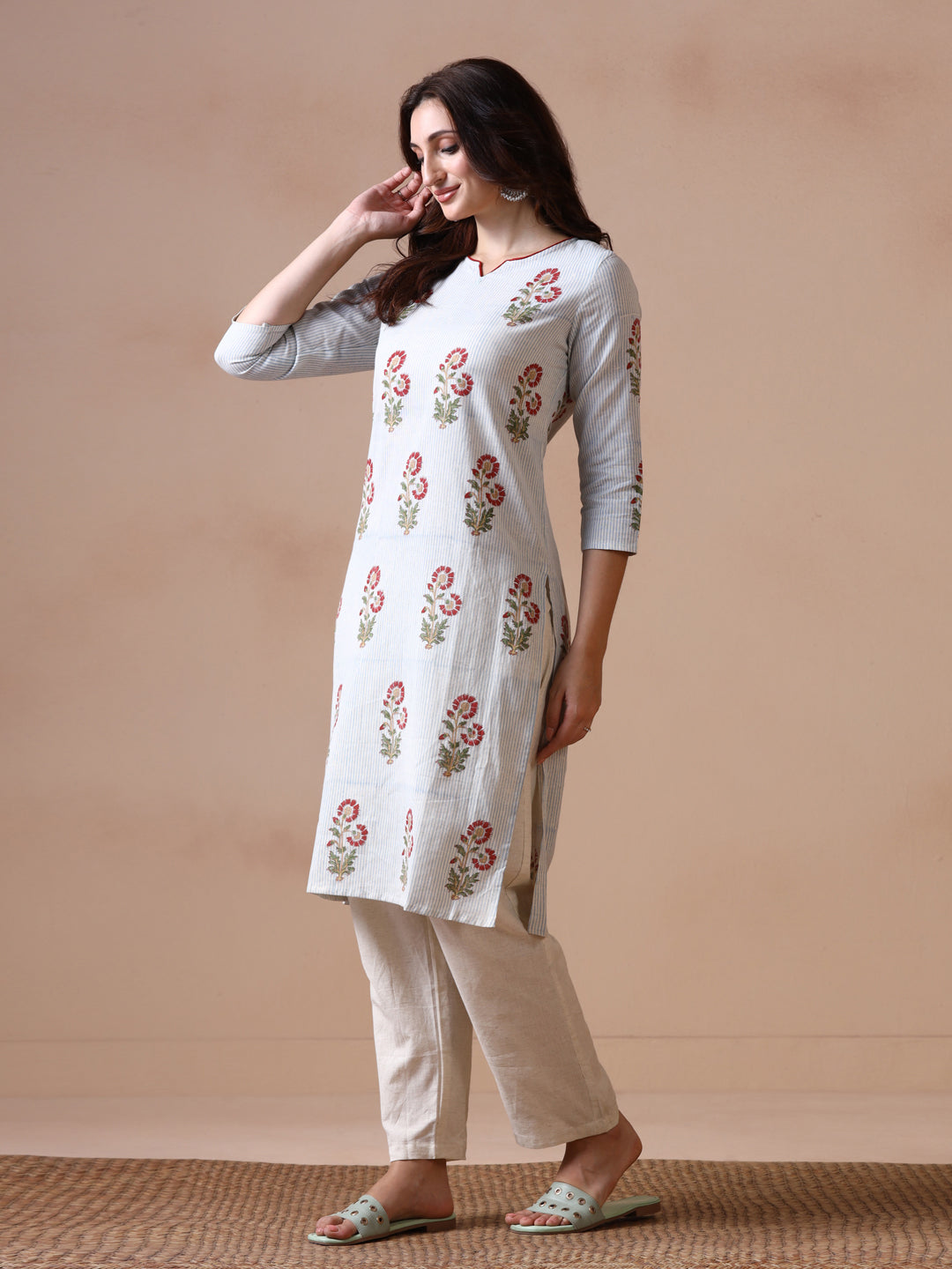 Light Grey Striped with Red Floral Butta Cotton Straight Kurta