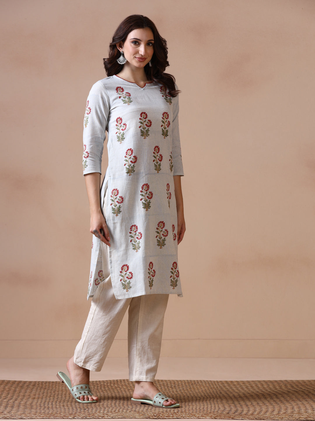 Light Grey Striped with Red Floral Butta Cotton Straight Kurta