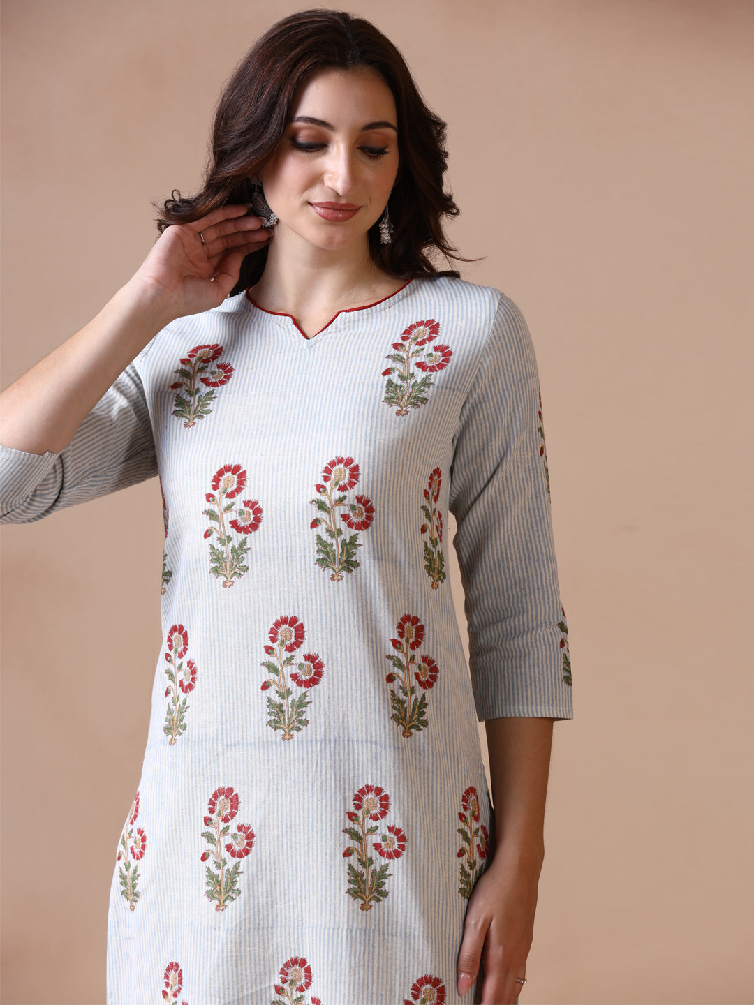 Light Grey Striped with Red Floral Butta Cotton Straight Kurta