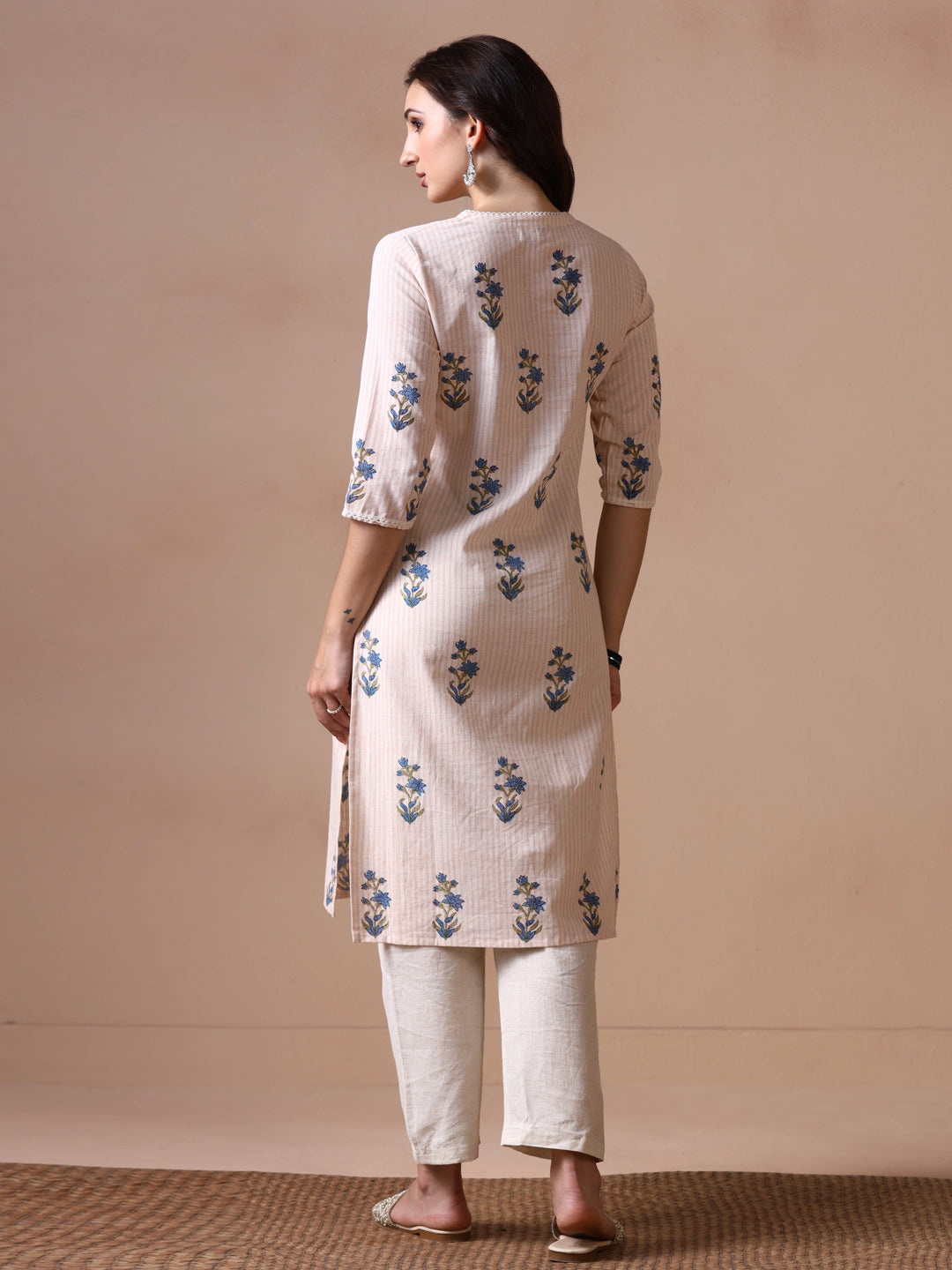 Blue Floral Motif Striped Cotton Handblock Printed Kurta