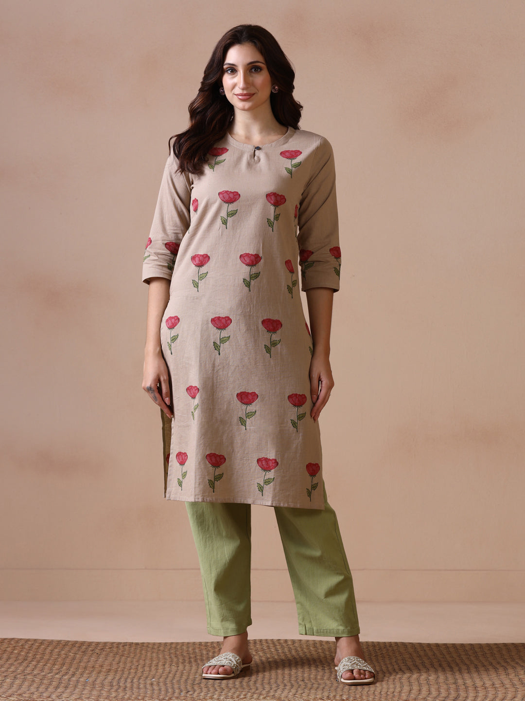 Rose Placement Hand Block Printed Straight Kurta