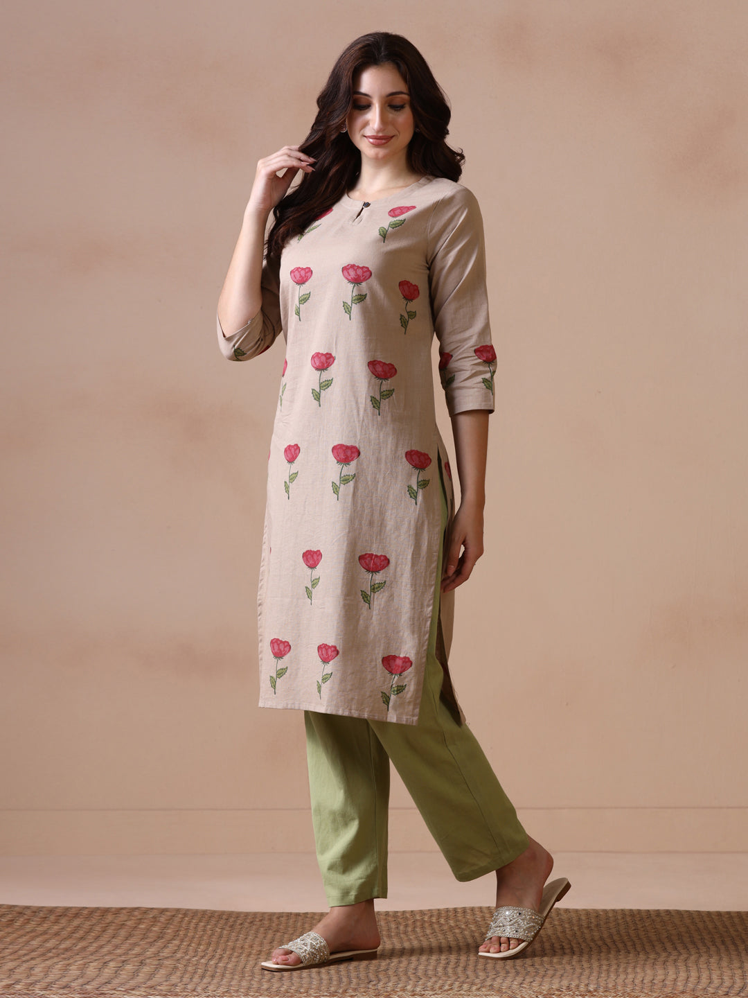 Rose Placement Hand Block Printed Straight Kurta