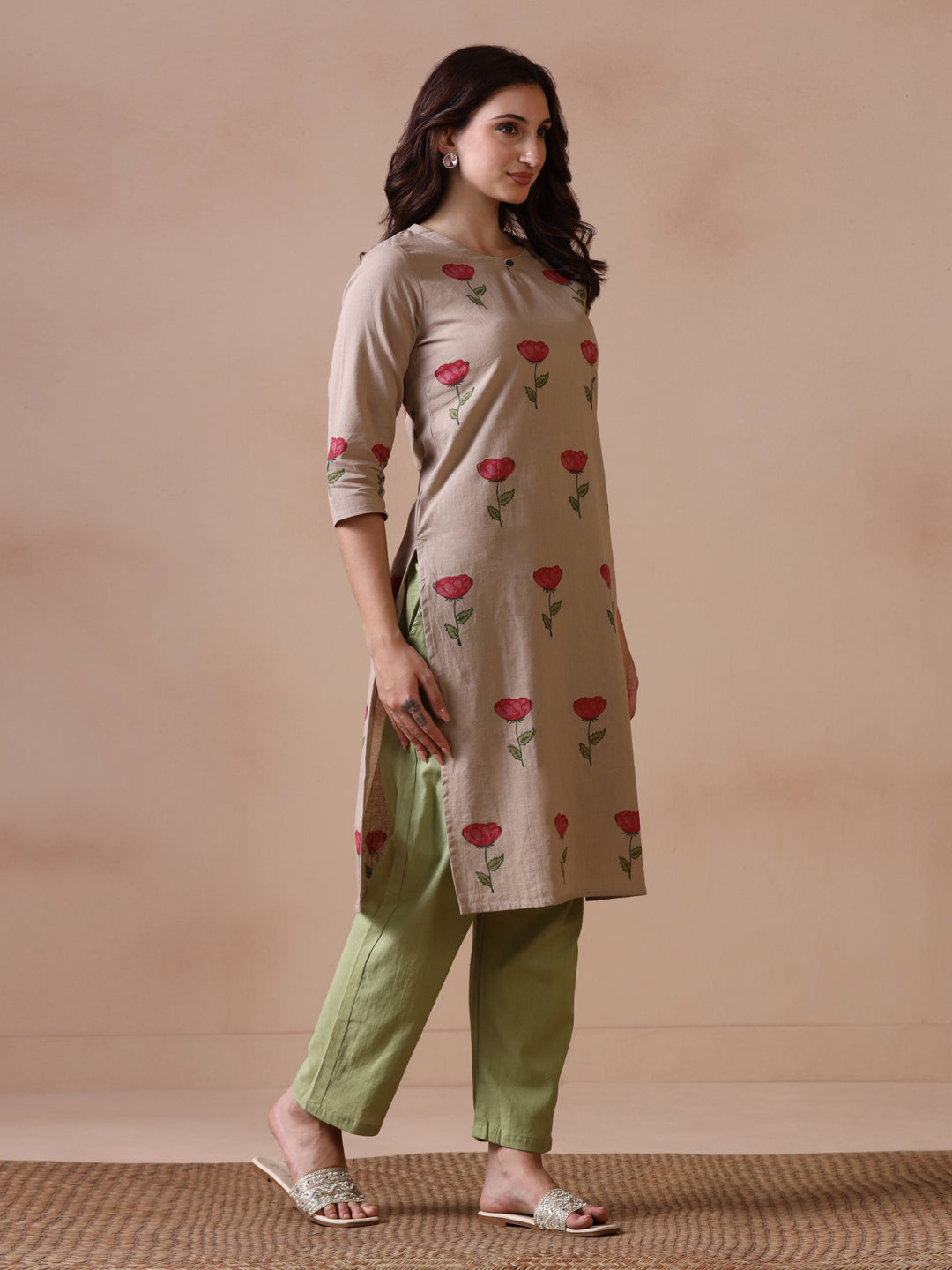 Rose Placement Hand Block Printed Straight Kurta