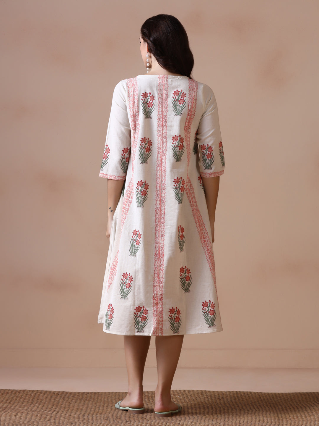 Off-White Floral Block Print A-Line Cotton Midi Dress with Pockets