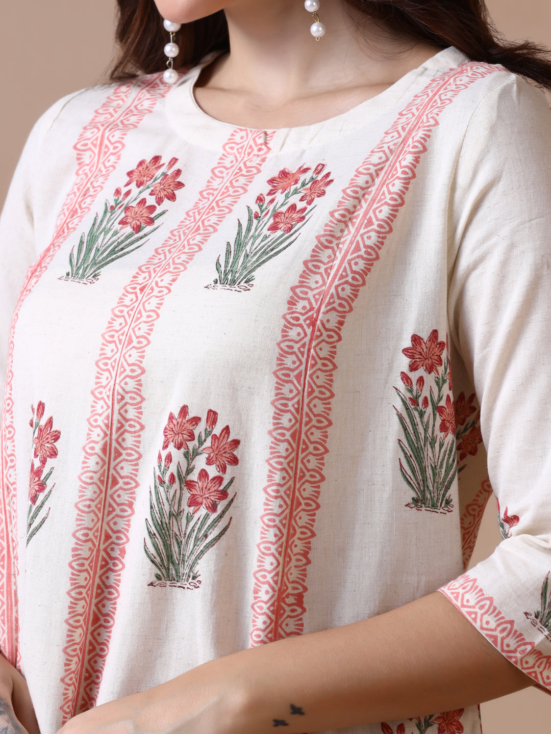 Off-White Floral Block Print A-Line Cotton Midi Dress with Pockets