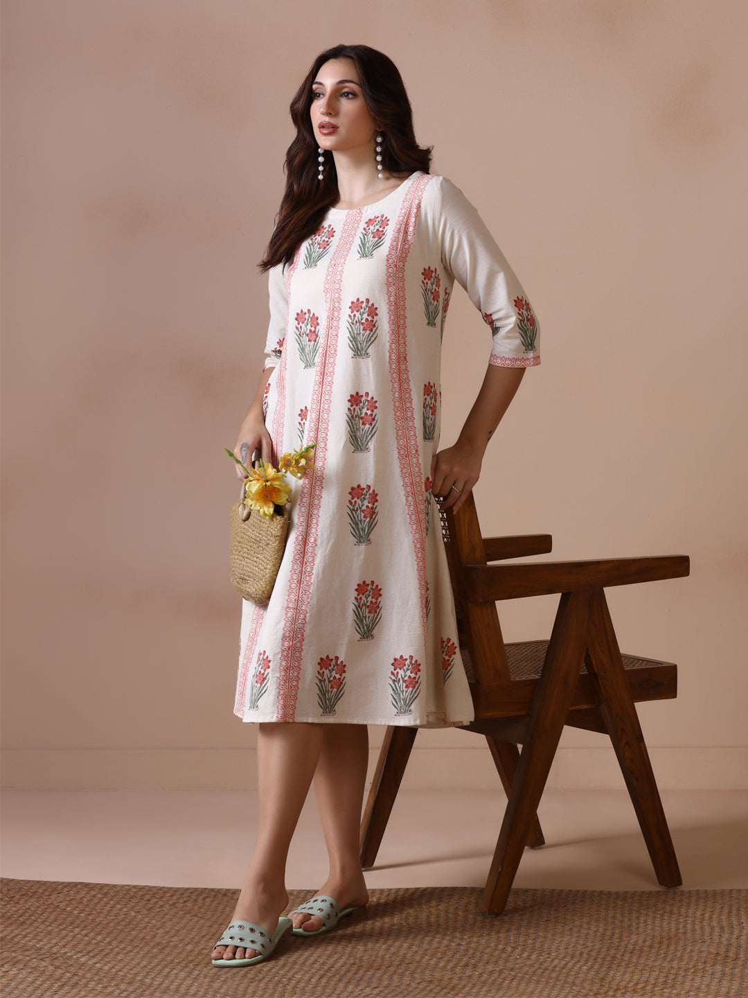 Off-White Floral Block Print A-Line Cotton Midi Dress with Pockets