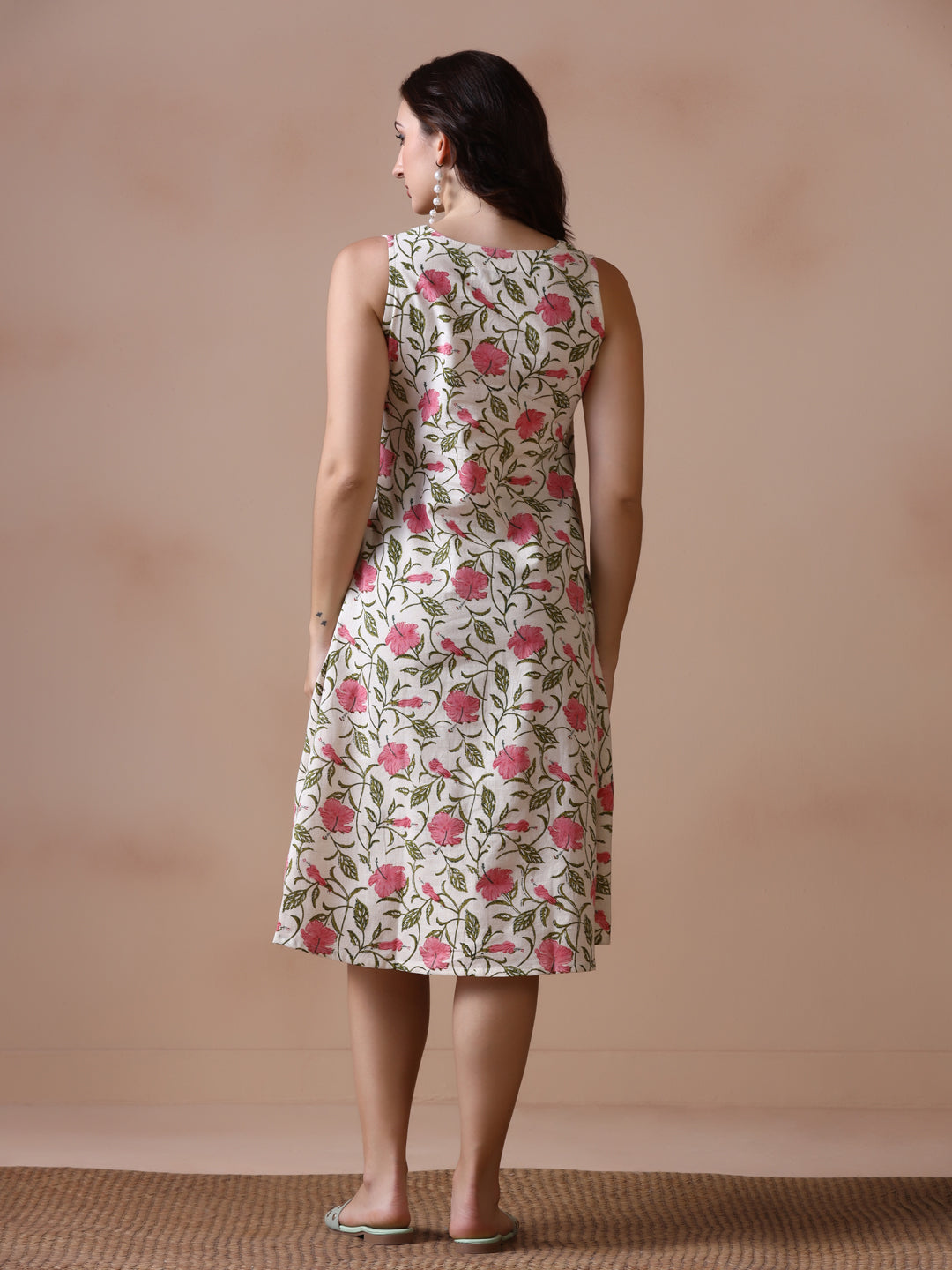 Pink Mandaar Floral Handblock Print Sleeveless Cotton Dress