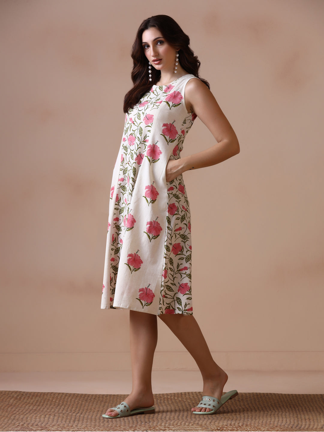 Pink Mandaar Floral Handblock Print Sleeveless Cotton Dress