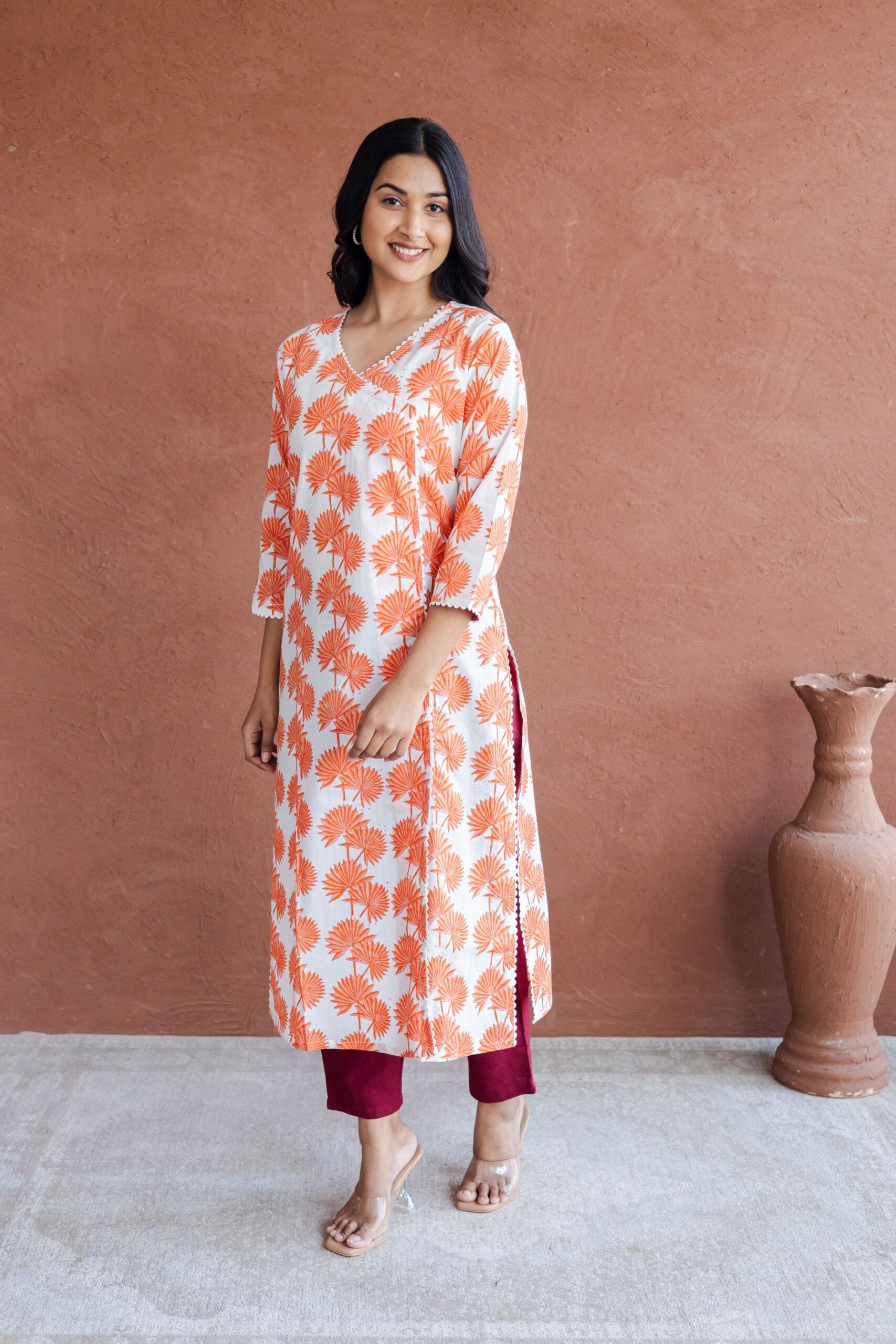 Orange Palm Leaf Hand Block Printed Straight Kurta